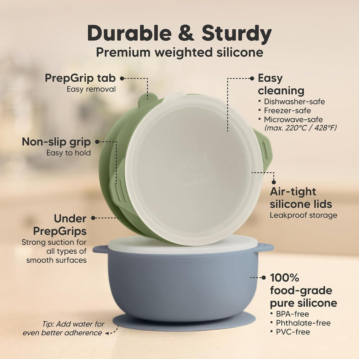 2-Pack Baby Bowls with Suctions, Lids and 2-Pack Baby Silicone Bibs - Silicone Suction Bowls for Baby Boy, Girl, Silicone Bowls BPA-Free - Waterproof, Easy Wipe Silicone Bib for Kids