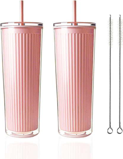 Valentine’s Day Pink Insulated Tumblers Set of 2-24oz Double-Wall Cold Drink Tumblers with Lid,Reusable Straw & Brush - Sweet Gift for Her & BFFs, Perfect for Dates & Galentine’s Hangouts