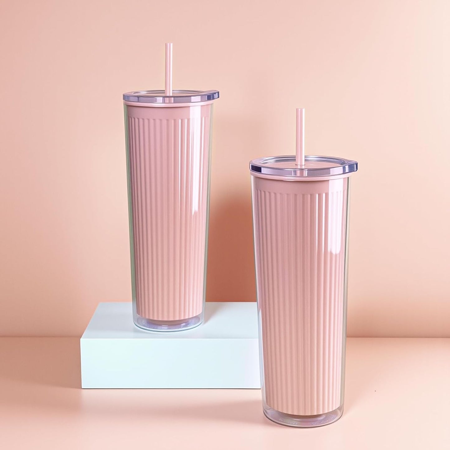 Valentine’s Day Pink Insulated Tumblers Set of 2-24oz Double-Wall Cold Drink Tumblers with Lid,Reusable Straw & Brush - Sweet Gift for Her & BFFs, Perfect for Dates & Galentine’s Hangouts