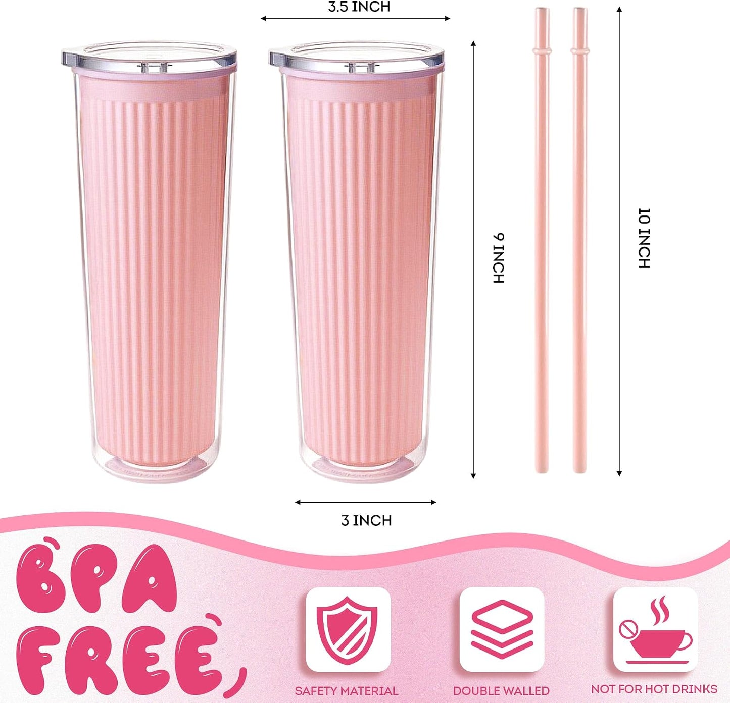 Valentine’s Day Pink Insulated Tumblers Set of 2-24oz Double-Wall Cold Drink Tumblers with Lid,Reusable Straw & Brush - Sweet Gift for Her & BFFs, Perfect for Dates & Galentine’s Hangouts
