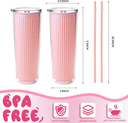 Valentine’s Day Pink Insulated Tumblers Set of 2-24oz Double-Wall Cold Drink Tumblers with Lid,Reusable Straw & Brush - Sweet Gift for Her & BFFs, Perfect for Dates & Galentine’s Hangouts