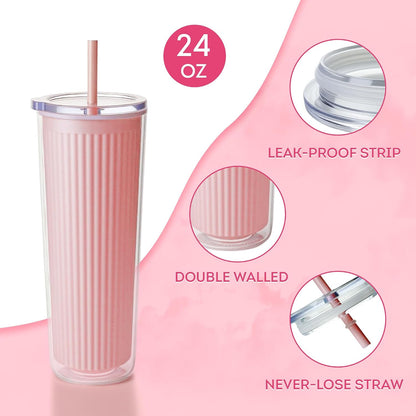 Valentine’s Day Pink Insulated Tumblers Set of 2-24oz Double-Wall Cold Drink Tumblers with Lid,Reusable Straw & Brush - Sweet Gift for Her & BFFs, Perfect for Dates & Galentine’s Hangouts