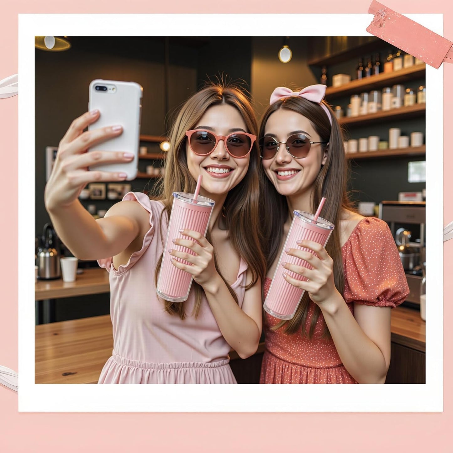 Valentine’s Day Pink Insulated Tumblers Set of 2-24oz Double-Wall Cold Drink Tumblers with Lid,Reusable Straw & Brush - Sweet Gift for Her & BFFs, Perfect for Dates & Galentine’s Hangouts