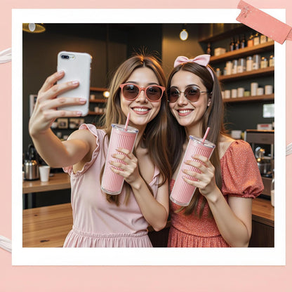 Valentine’s Day Pink Insulated Tumblers Set of 2-24oz Double-Wall Cold Drink Tumblers with Lid,Reusable Straw & Brush - Sweet Gift for Her & BFFs, Perfect for Dates & Galentine’s Hangouts