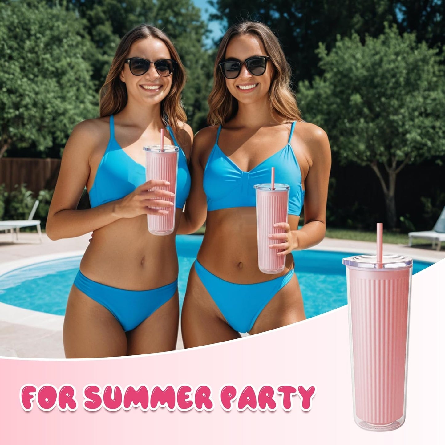 Valentine’s Day Pink Insulated Tumblers Set of 2-24oz Double-Wall Cold Drink Tumblers with Lid,Reusable Straw & Brush - Sweet Gift for Her & BFFs, Perfect for Dates & Galentine’s Hangouts