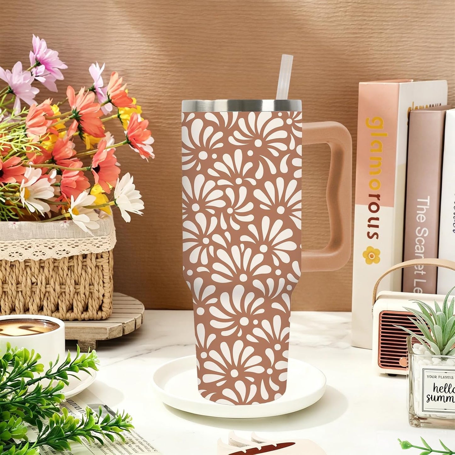 Easter Tumbler with Handle 40oz Easter Egg Bunny Flower Tumbler with Lid and Straw Colorful Rabbit Floral Egg Stainless Steel Cup for Spring Holiday Home Office Travel
