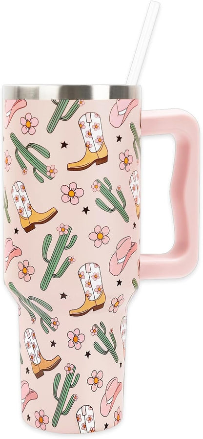Easter Tumbler with Handle 40oz Easter Egg Bunny Flower Tumbler with Lid and Straw Colorful Rabbit Floral Egg Stainless Steel Cup for Spring Holiday Home Office Travel