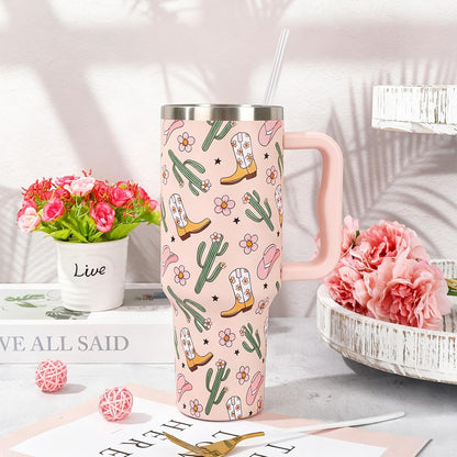 Easter Tumbler with Handle 40oz Easter Egg Bunny Flower Tumbler with Lid and Straw Colorful Rabbit Floral Egg Stainless Steel Cup for Spring Holiday Home Office Travel