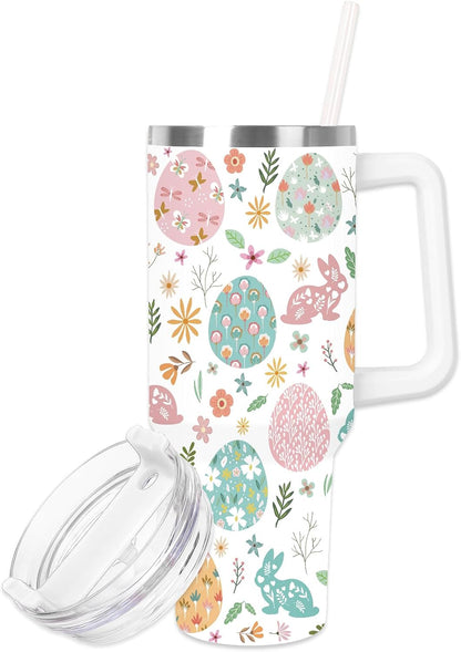 Easter Tumbler with Handle 40oz Easter Egg Bunny Flower Tumbler with Lid and Straw Colorful Rabbit Floral Egg Stainless Steel Cup for Spring Holiday Home Office Travel