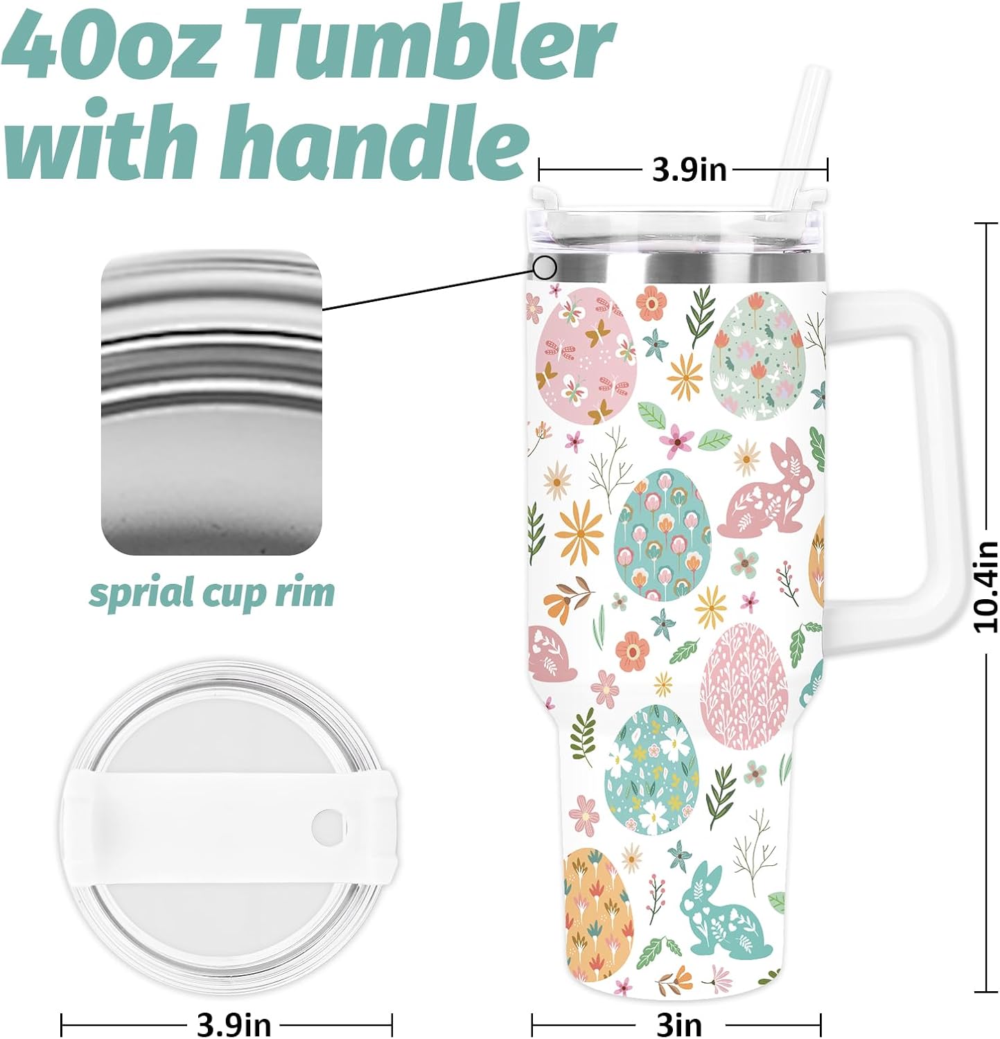 Easter Tumbler with Handle 40oz Easter Egg Bunny Flower Tumbler with Lid and Straw Colorful Rabbit Floral Egg Stainless Steel Cup for Spring Holiday Home Office Travel