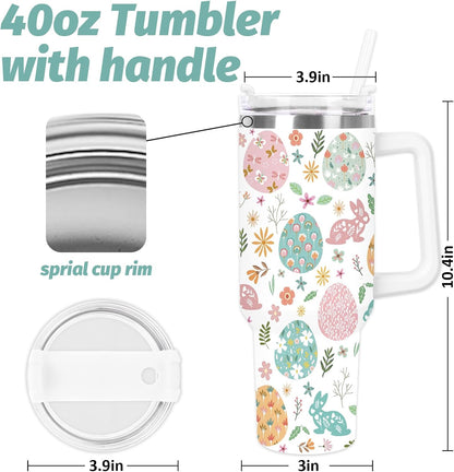 Easter Tumbler with Handle 40oz Easter Egg Bunny Flower Tumbler with Lid and Straw Colorful Rabbit Floral Egg Stainless Steel Cup for Spring Holiday Home Office Travel