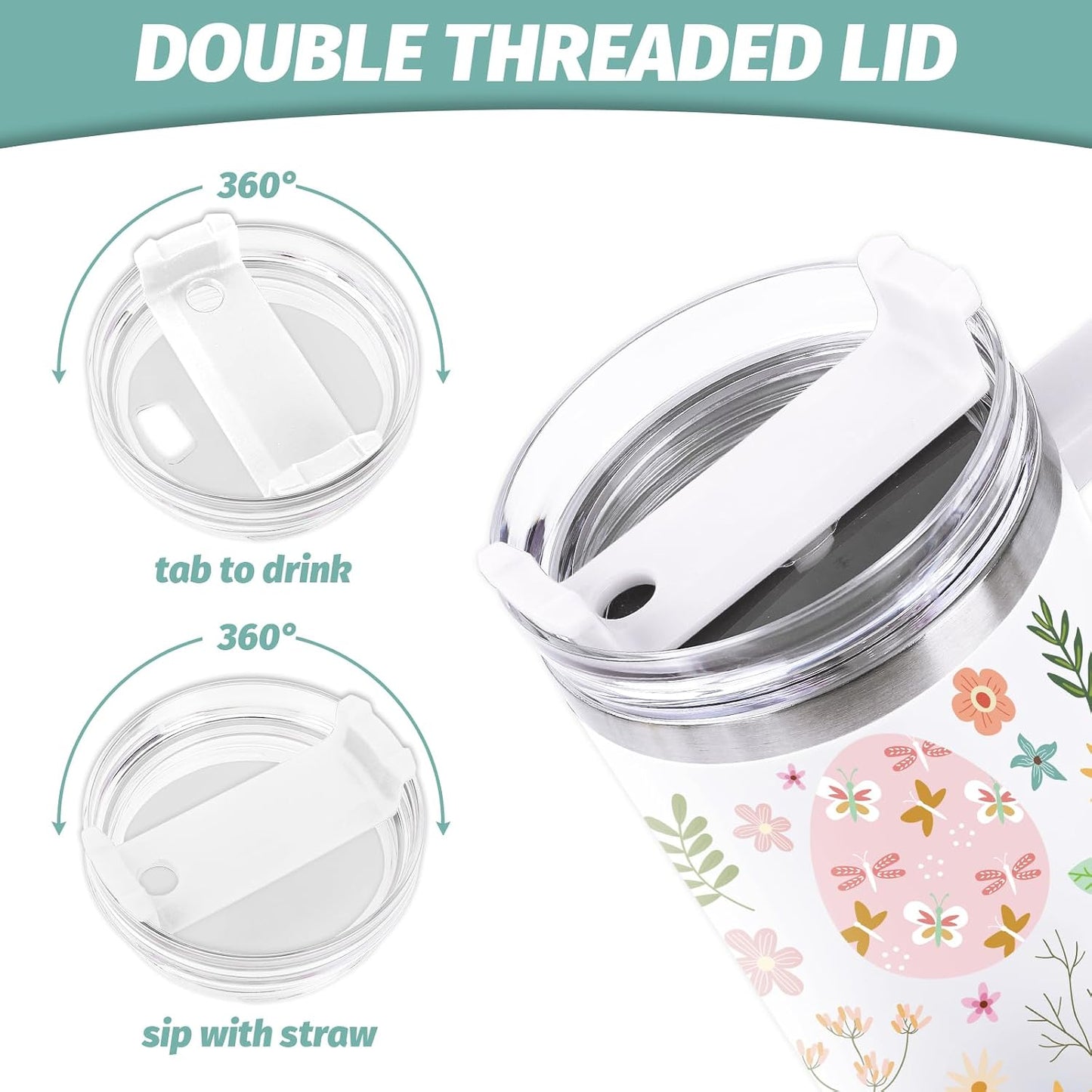Easter Tumbler with Handle 40oz Easter Egg Bunny Flower Tumbler with Lid and Straw Colorful Rabbit Floral Egg Stainless Steel Cup for Spring Holiday Home Office Travel