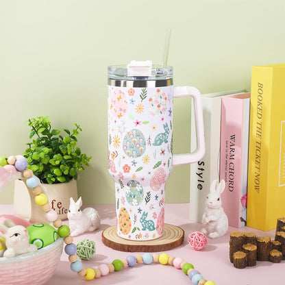 Easter Tumbler with Handle 40oz Easter Egg Bunny Flower Tumbler with Lid and Straw Colorful Rabbit Floral Egg Stainless Steel Cup for Spring Holiday Home Office Travel