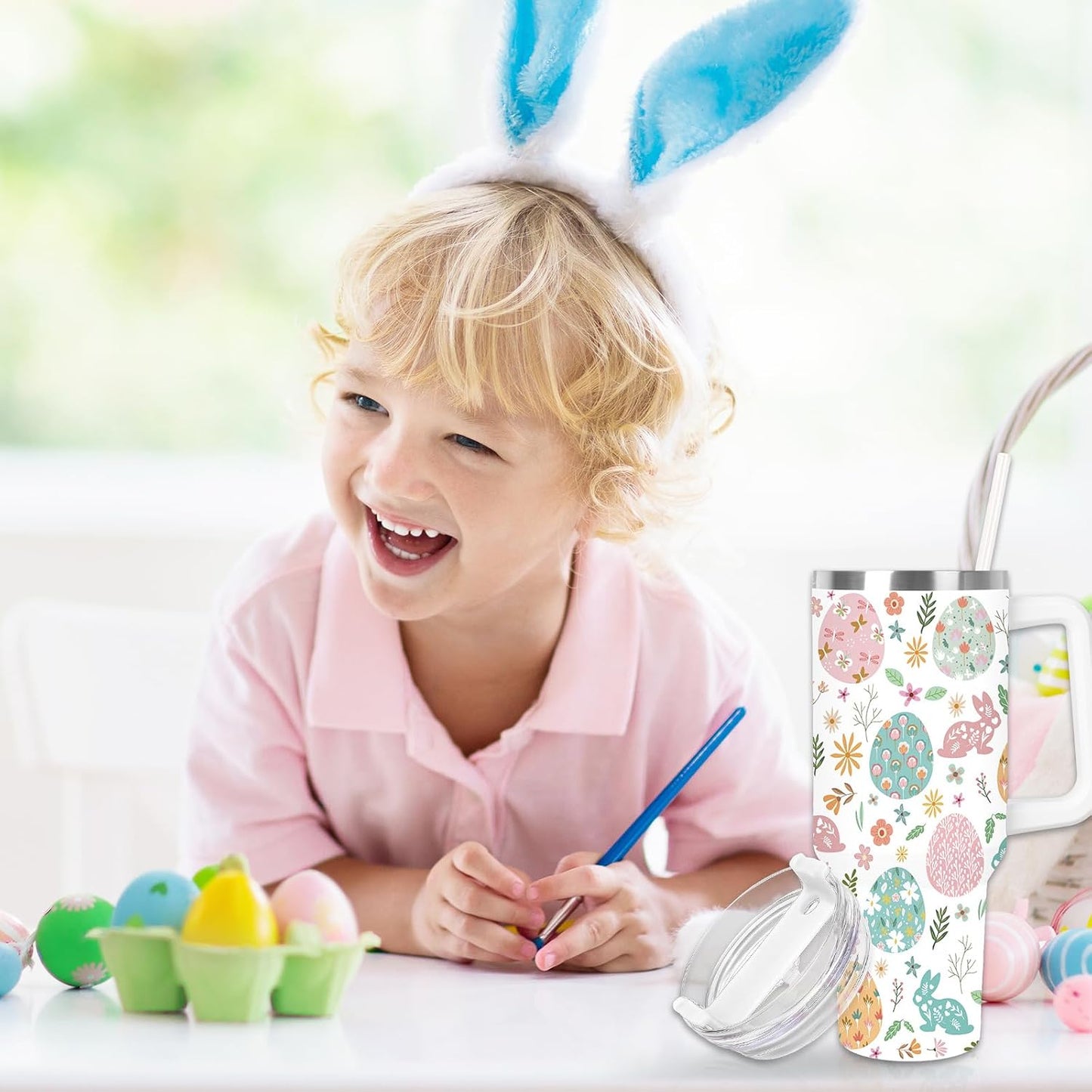 Easter Tumbler with Handle 40oz Easter Egg Bunny Flower Tumbler with Lid and Straw Colorful Rabbit Floral Egg Stainless Steel Cup for Spring Holiday Home Office Travel