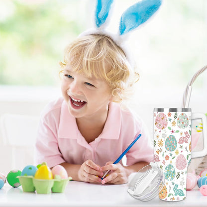 Easter Tumbler with Handle 40oz Easter Egg Bunny Flower Tumbler with Lid and Straw Colorful Rabbit Floral Egg Stainless Steel Cup for Spring Holiday Home Office Travel