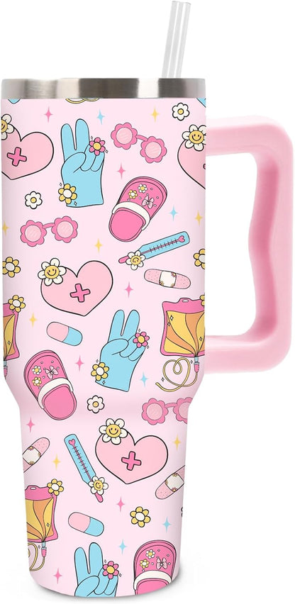 Easter Tumbler with Handle 40oz Easter Egg Bunny Flower Tumbler with Lid and Straw Colorful Rabbit Floral Egg Stainless Steel Cup for Spring Holiday Home Office Travel