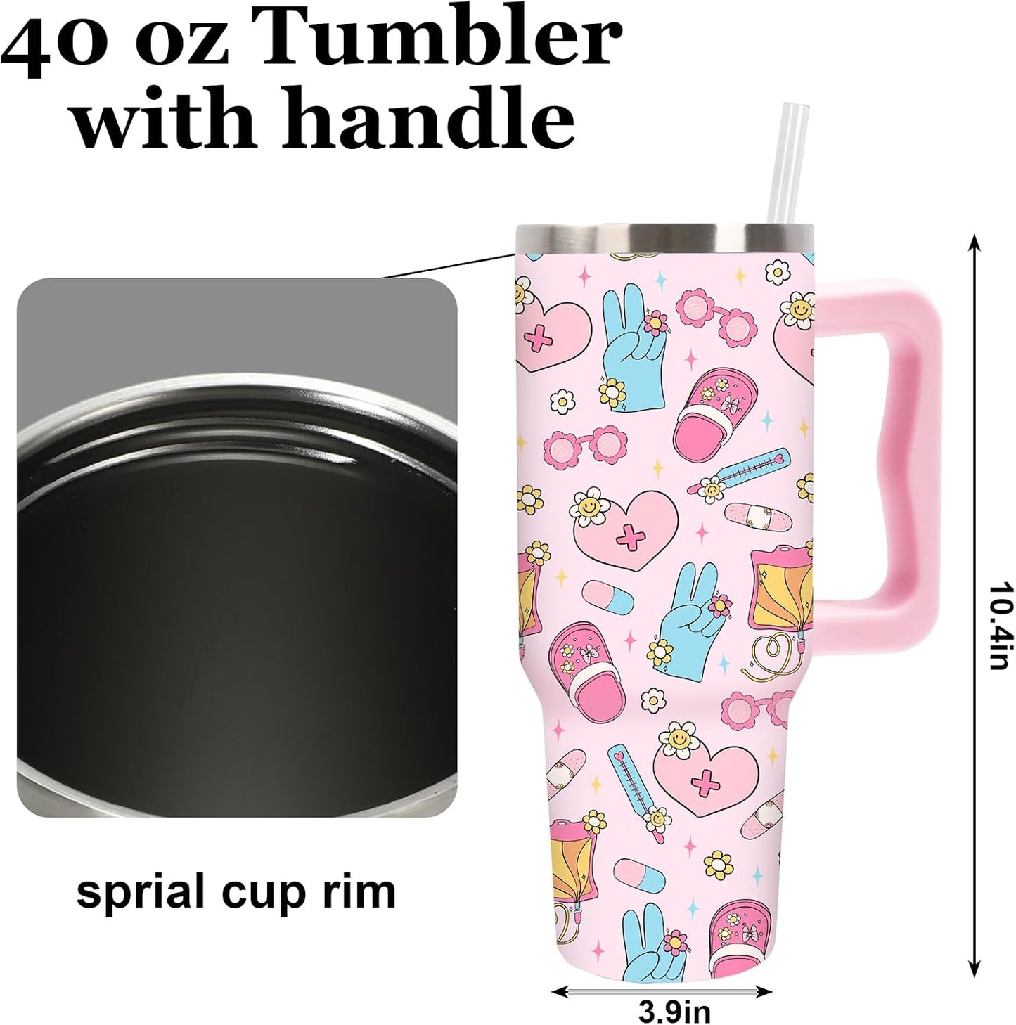 Easter Tumbler with Handle 40oz Easter Egg Bunny Flower Tumbler with Lid and Straw Colorful Rabbit Floral Egg Stainless Steel Cup for Spring Holiday Home Office Travel