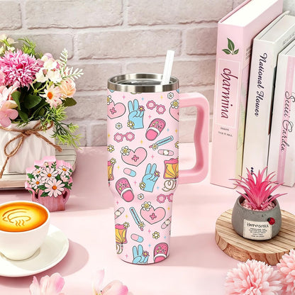 Easter Tumbler with Handle 40oz Easter Egg Bunny Flower Tumbler with Lid and Straw Colorful Rabbit Floral Egg Stainless Steel Cup for Spring Holiday Home Office Travel