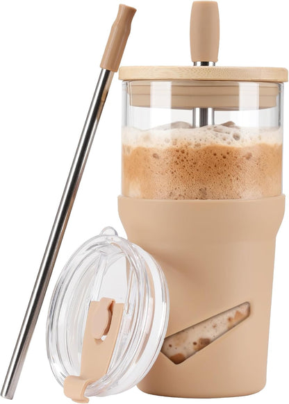 Glass Tumbler with Lids and Straws, 20 oz Iced Coffee Cup and Smoothie Cup with Bamboo Lid and On the go Lid,Glass Cups With Straws