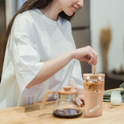 Glass Tumbler with Lids and Straws, 20 oz Iced Coffee Cup and Smoothie Cup with Bamboo Lid and On the go Lid,Glass Cups With Straws