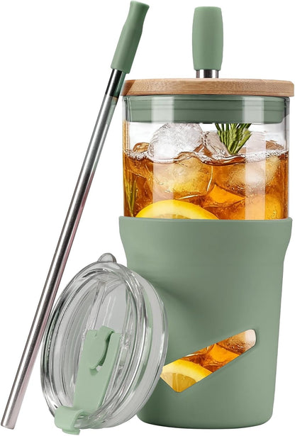 Glass Tumbler with Lids and Straws, 20 oz Iced Coffee Cup and Smoothie Cup with Bamboo Lid and On the go Lid,Glass Cups With Straws