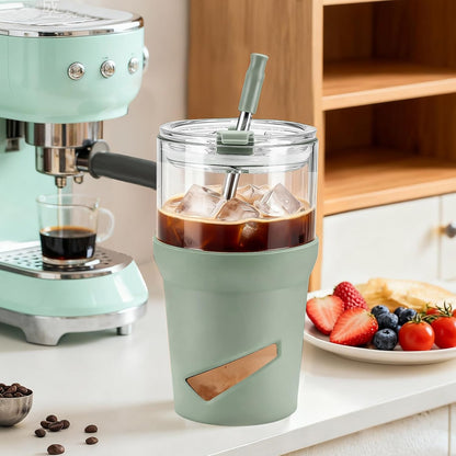 Glass Tumbler with Lids and Straws, 20 oz Iced Coffee Cup and Smoothie Cup with Bamboo Lid and On the go Lid,Glass Cups With Straws