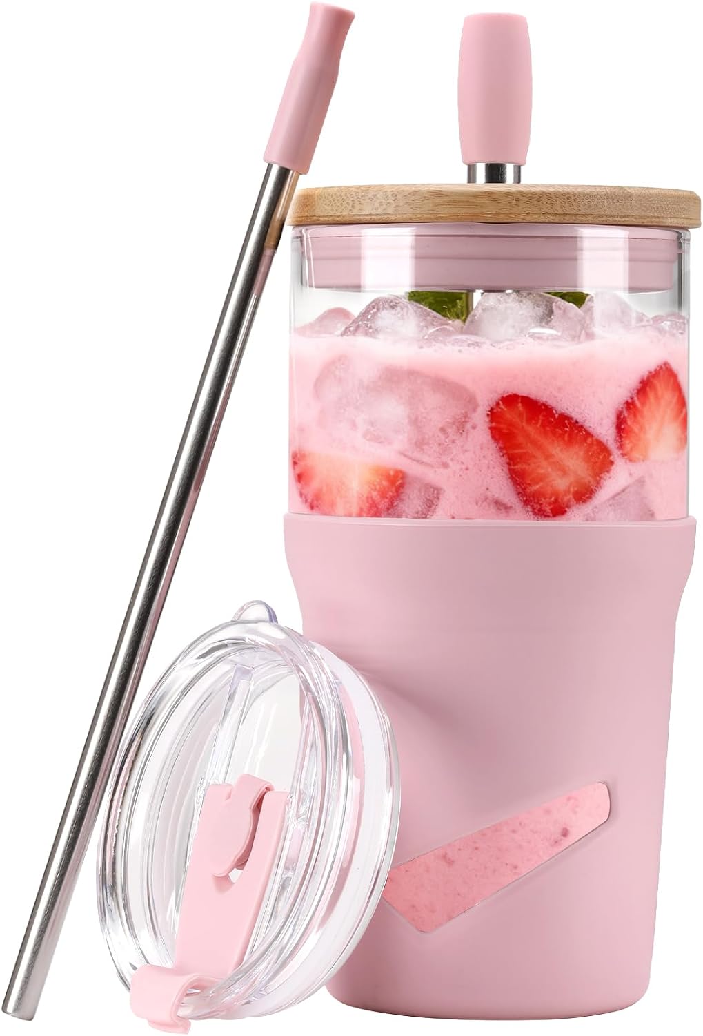 Glass Tumbler with Lids and Straws, 20 oz Iced Coffee Cup and Smoothie Cup with Bamboo Lid and On the go Lid,Glass Cups With Straws