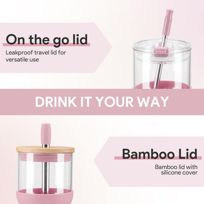 Glass Tumbler with Lids and Straws, 20 oz Iced Coffee Cup and Smoothie Cup with Bamboo Lid and On the go Lid,Glass Cups With Straws