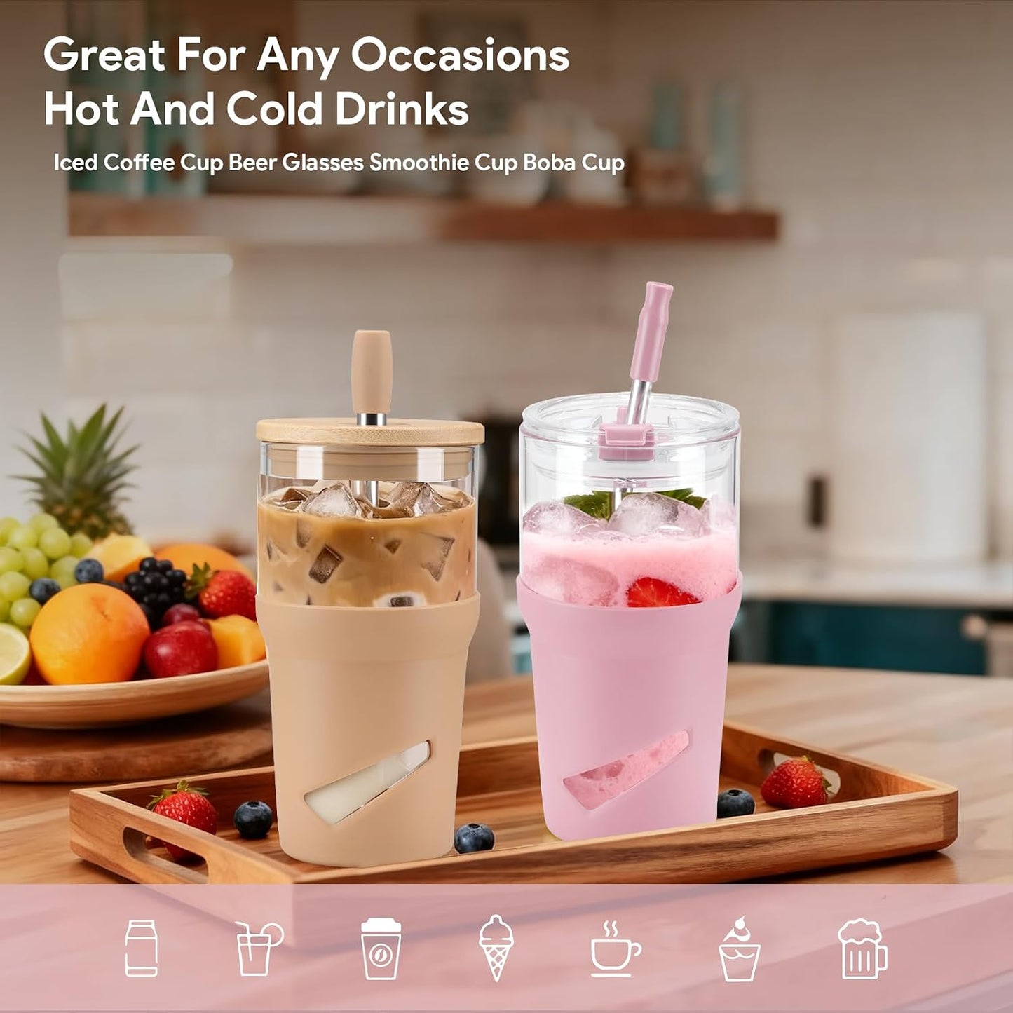 Glass Tumbler with Lids and Straws, 20 oz Iced Coffee Cup and Smoothie Cup with Bamboo Lid and On the go Lid,Glass Cups With Straws