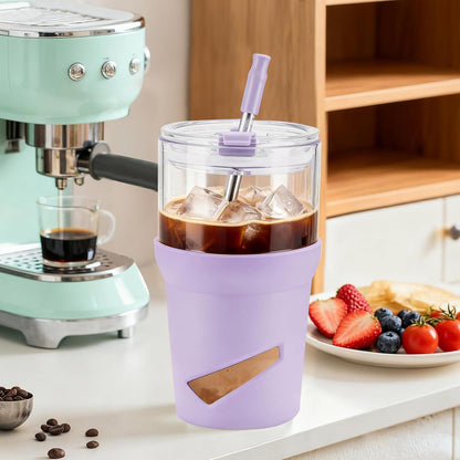 Glass Tumbler with Lids and Straws, 20 oz Iced Coffee Cup and Smoothie Cup with Bamboo Lid and On the go Lid,Glass Cups With Straws