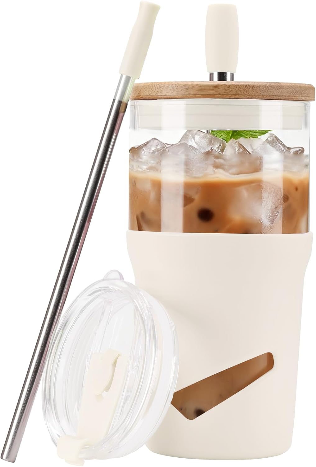 Glass Tumbler with Lids and Straws, 20 oz Iced Coffee Cup and Smoothie Cup with Bamboo Lid and On the go Lid,Glass Cups With Straws