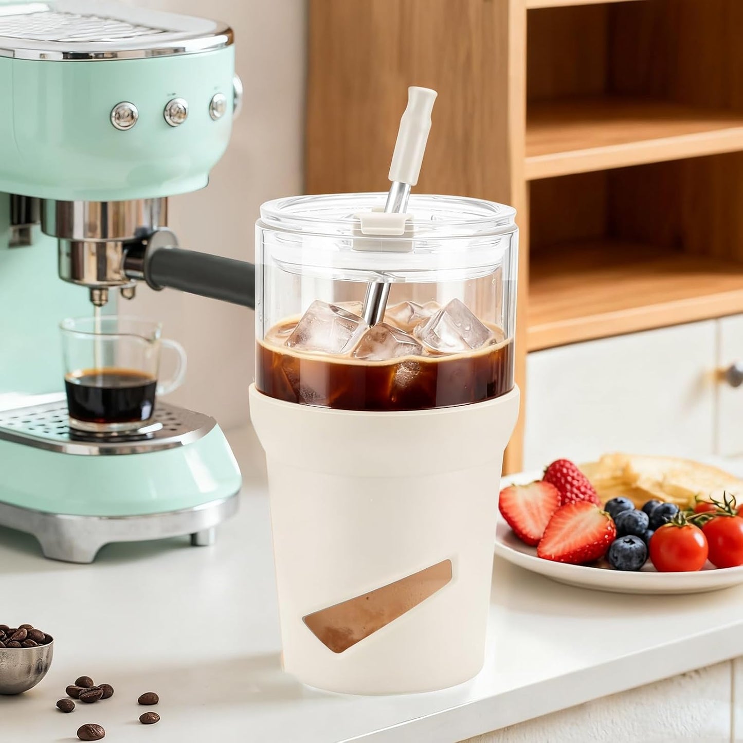 Glass Tumbler with Lids and Straws, 20 oz Iced Coffee Cup and Smoothie Cup with Bamboo Lid and On the go Lid,Glass Cups With Straws
