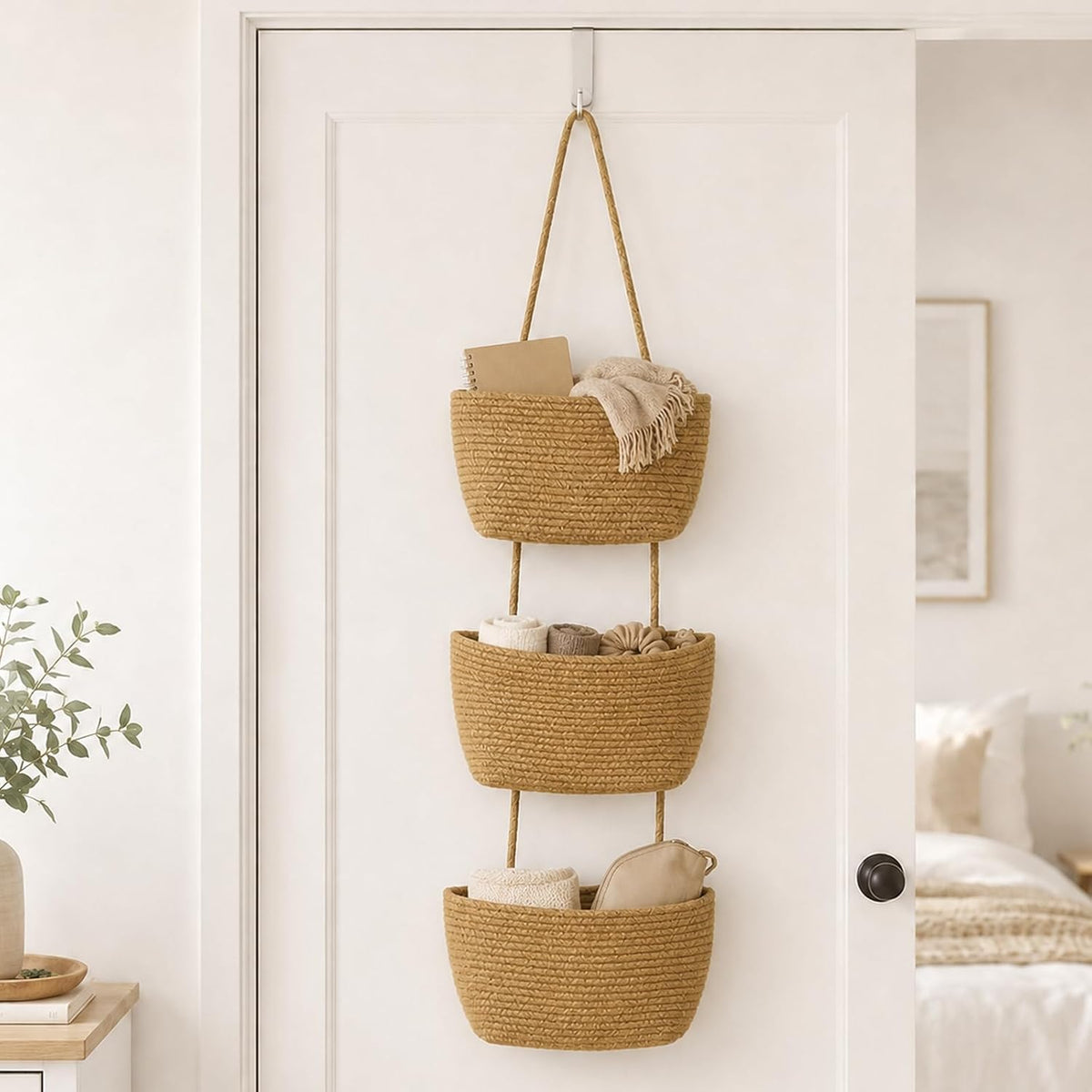 Woven Cotton 3-Tier Over the Door Basket, Wall Mounted Hanging Storage Basket, Decorative Organizer for Stuffed Animals, Nursery, Bedroom, Bathroom, Kitchen (Brown)