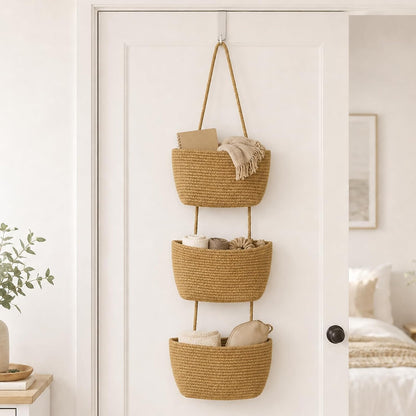 Woven Cotton 3-Tier Over the Door Basket, Wall Mounted Hanging Storage Basket, Decorative Organizer for Stuffed Animals, Nursery, Bedroom, Bathroom, Kitchen (Brown)