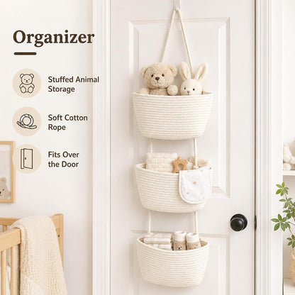 Woven Cotton 3-Tier Over the Door Basket, Wall Mounted Hanging Storage Basket, Decorative Organizer for Stuffed Animals, Nursery, Bedroom, Bathroom, Kitchen (Brown)
