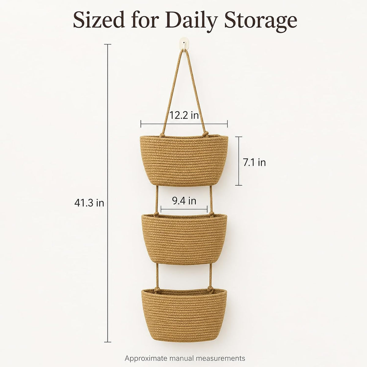 Woven Cotton 3-Tier Over the Door Basket, Wall Mounted Hanging Storage Basket, Decorative Organizer for Stuffed Animals, Nursery, Bedroom, Bathroom, Kitchen (Brown)