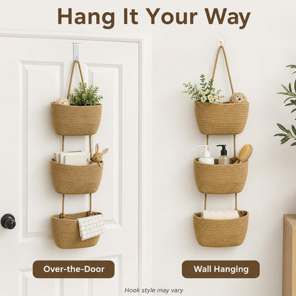 Woven Cotton 3-Tier Over the Door Basket, Wall Mounted Hanging Storage Basket, Decorative Organizer for Stuffed Animals, Nursery, Bedroom, Bathroom, Kitchen (Brown)