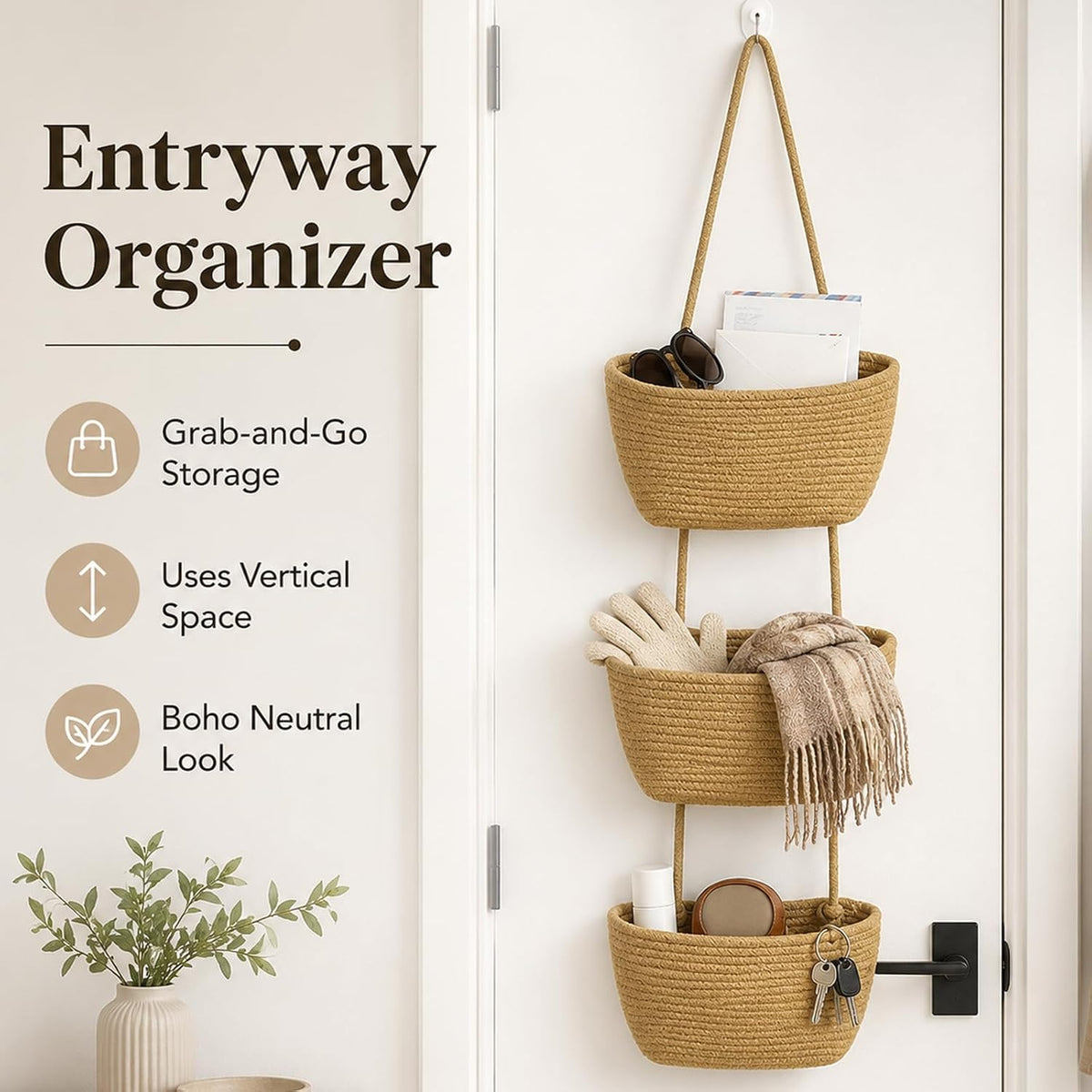 Woven Cotton 3-Tier Over the Door Basket, Wall Mounted Hanging Storage Basket, Decorative Organizer for Stuffed Animals, Nursery, Bedroom, Bathroom, Kitchen (Brown)