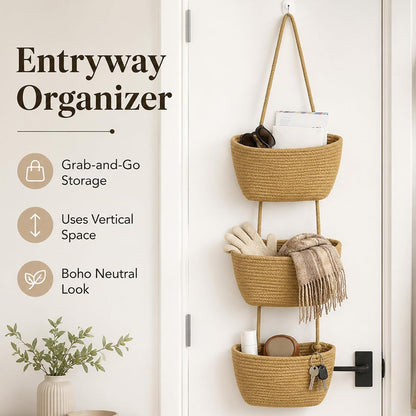 Woven Cotton 3-Tier Over the Door Basket, Wall Mounted Hanging Storage Basket, Decorative Organizer for Stuffed Animals, Nursery, Bedroom, Bathroom, Kitchen (Brown)