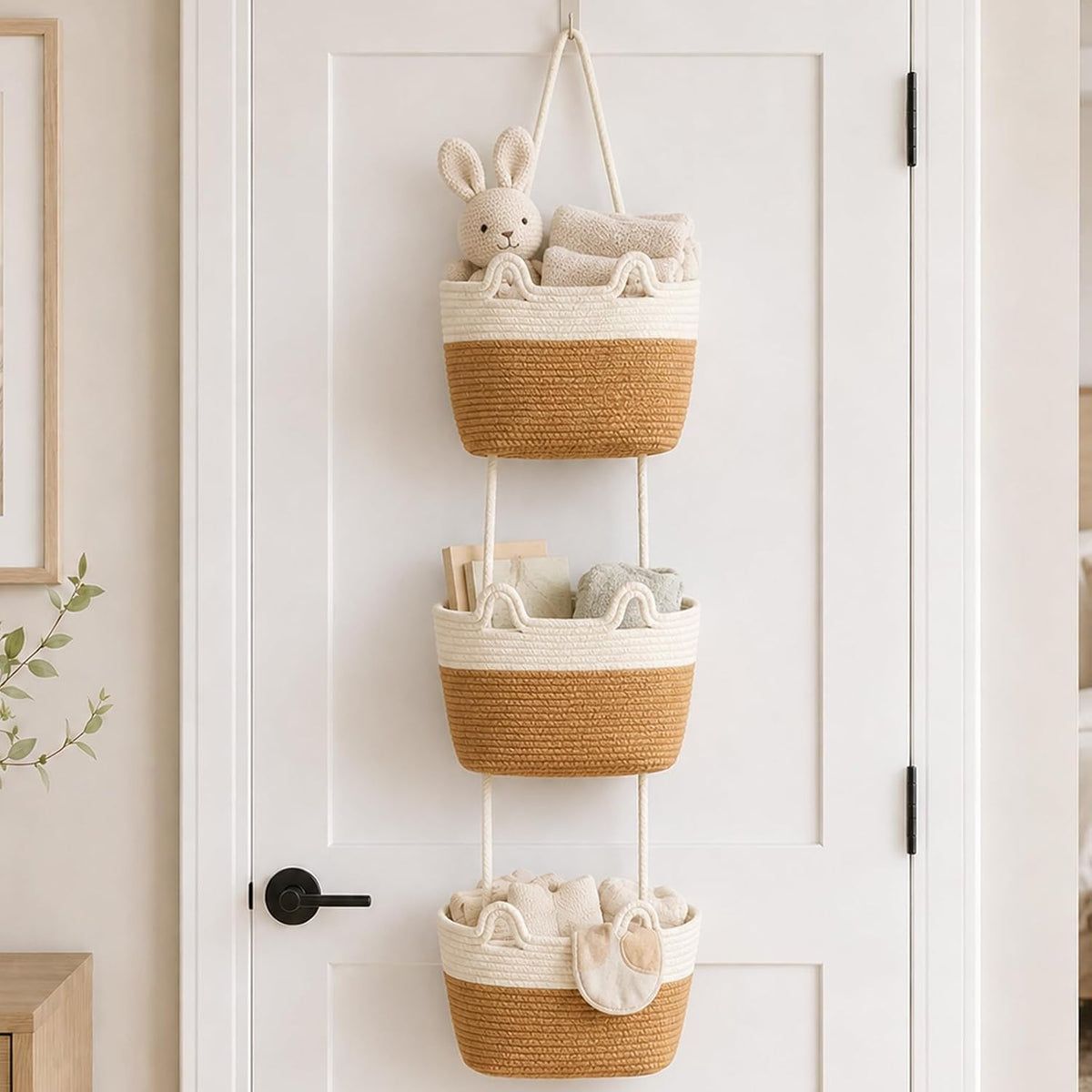 Woven Cotton 3-Tier Over the Door Basket, Wall Mounted Hanging Storage Basket, Decorative Organizer for Stuffed Animals, Nursery, Bedroom, Bathroom, Kitchen (Brown)