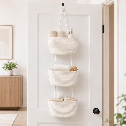 Woven Cotton 3-Tier Over the Door Basket, Wall Mounted Hanging Storage Basket, Decorative Organizer for Stuffed Animals, Nursery, Bedroom, Bathroom, Kitchen (Brown)