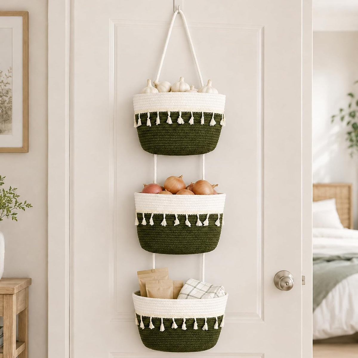Woven Cotton 3-Tier Over the Door Basket, Wall Mounted Hanging Storage Basket, Decorative Organizer for Stuffed Animals, Nursery, Bedroom, Bathroom, Kitchen (Brown)