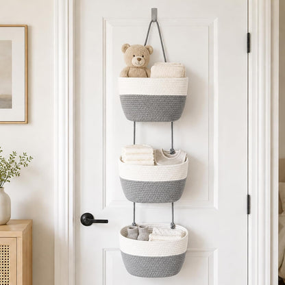 Woven Cotton 3-Tier Over the Door Basket, Wall Mounted Hanging Storage Basket, Decorative Organizer for Stuffed Animals, Nursery, Bedroom, Bathroom, Kitchen (Brown)