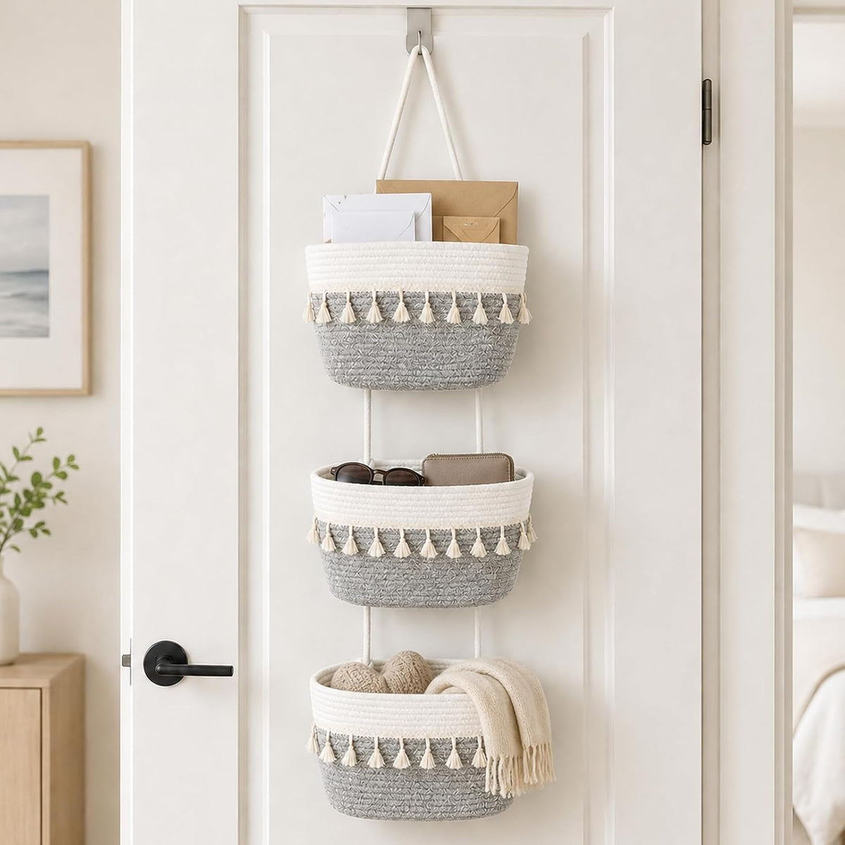 Woven Cotton 3-Tier Over the Door Basket, Wall Mounted Hanging Storage Basket, Decorative Organizer for Stuffed Animals, Nursery, Bedroom, Bathroom, Kitchen (Brown)