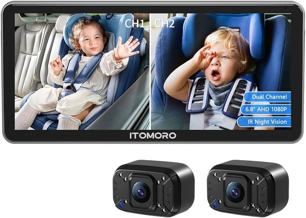 Baby Car Camera Dual-Channel 6.8 inch HD 1080P Display with 2 IR Night Vision, Baby Car Mirror Easily Install Car Camera for Baby with Crystal Clear Wide View for Rear Facing Seat
