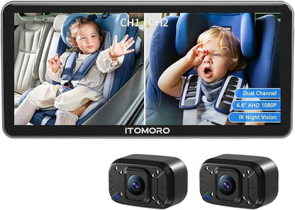 Baby Car Camera Dual-Channel 6.8 inch HD 1080P Display with 2 IR Night Vision, Baby Car Mirror Easily Install Car Camera for Baby with Crystal Clear Wide View for Rear Facing Seat