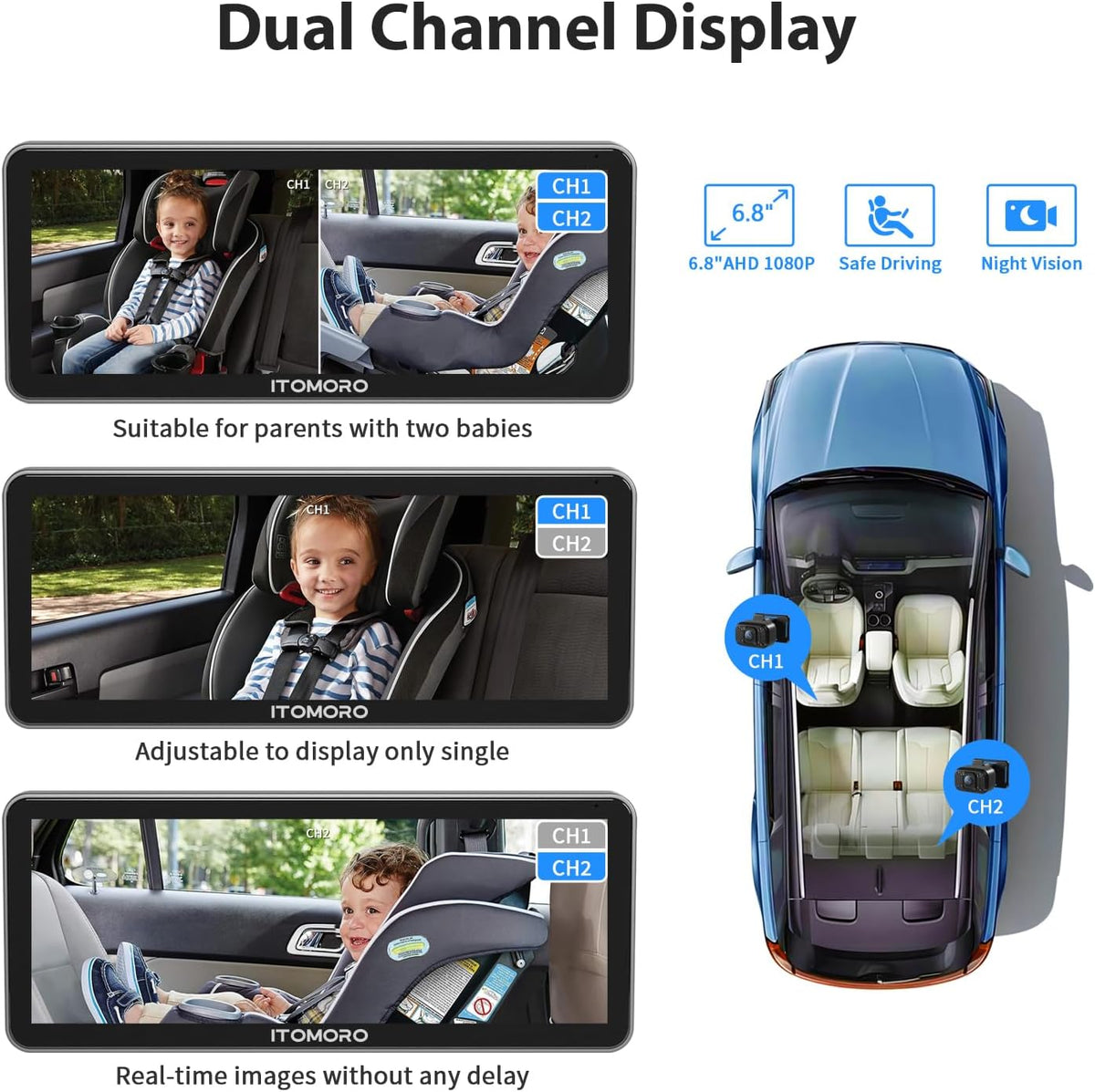 Baby Car Camera Dual-Channel 6.8 inch HD 1080P Display with 2 IR Night Vision, Baby Car Mirror Easily Install Car Camera for Baby with Crystal Clear Wide View for Rear Facing Seat