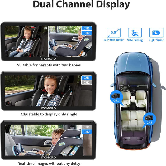 Baby Car Camera Dual-Channel 6.8 inch HD 1080P Display with 2 IR Night Vision, Baby Car Mirror Easily Install Car Camera for Baby with Crystal Clear Wide View for Rear Facing Seat