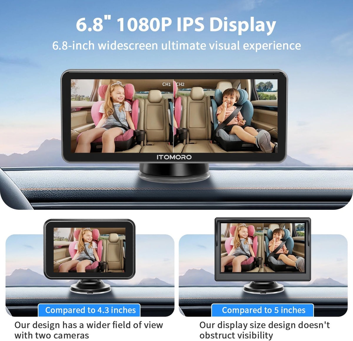 Baby Car Camera Dual-Channel 6.8 inch HD 1080P Display with 2 IR Night Vision, Baby Car Mirror Easily Install Car Camera for Baby with Crystal Clear Wide View for Rear Facing Seat