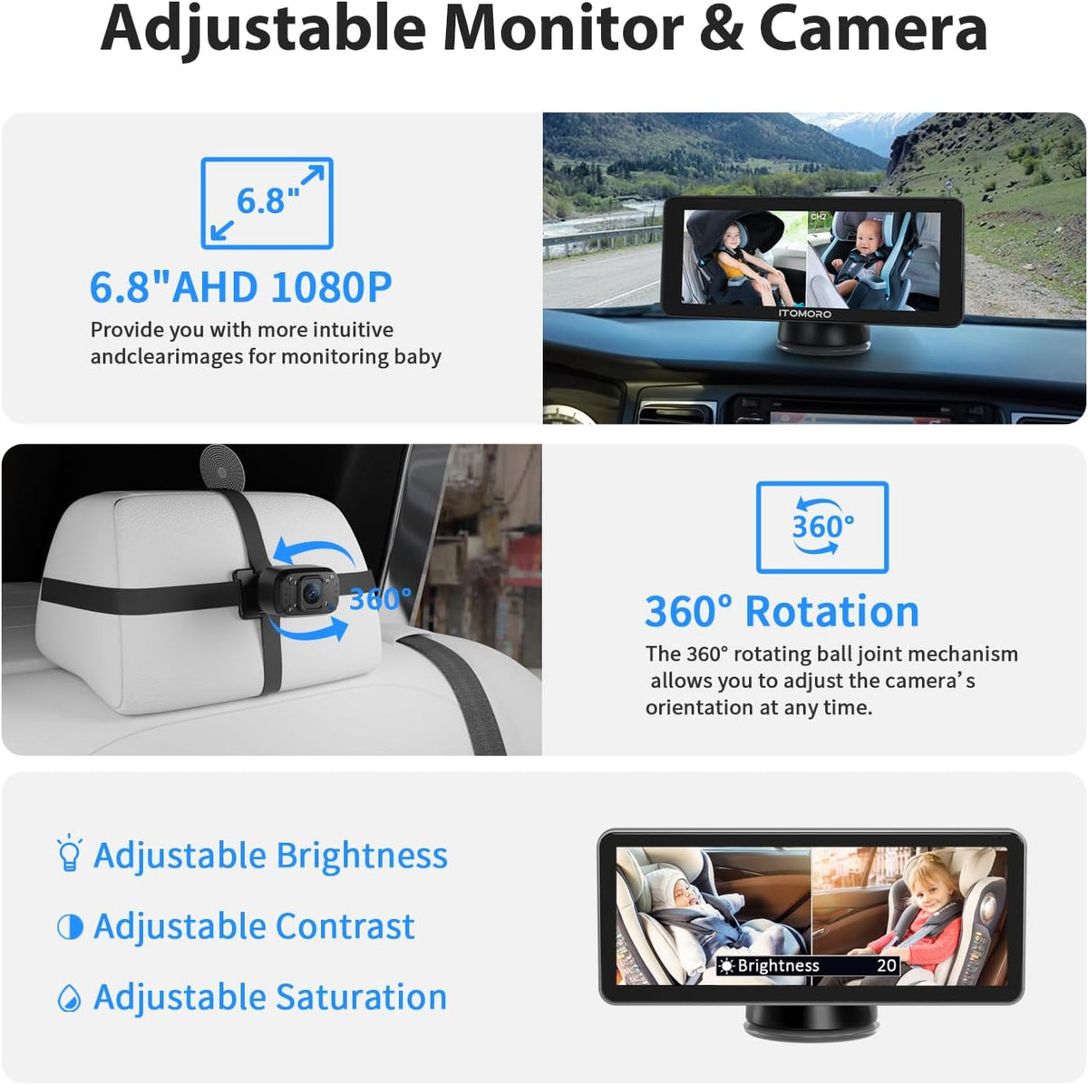 Baby Car Camera Dual-Channel 6.8 inch HD 1080P Display with 2 IR Night Vision, Baby Car Mirror Easily Install Car Camera for Baby with Crystal Clear Wide View for Rear Facing Seat